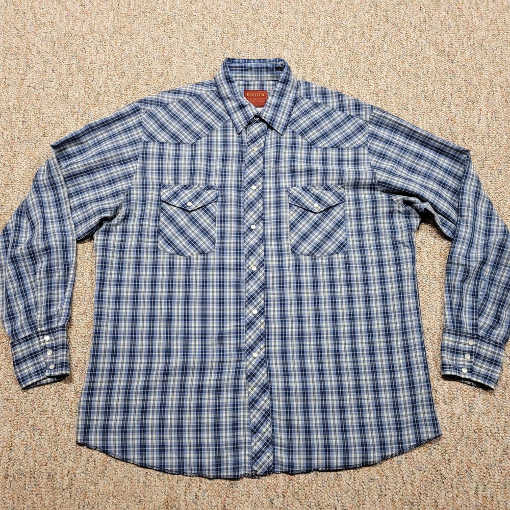 Rustler Pearl Snap Western Shirt Mens XL Blue Plaid X-Long Tails Cowboy‎ Rodeo